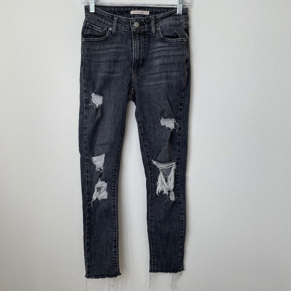 Levi's Premium 721 Women's High Rise Skinny Jeans Distressed Faded Black Wash